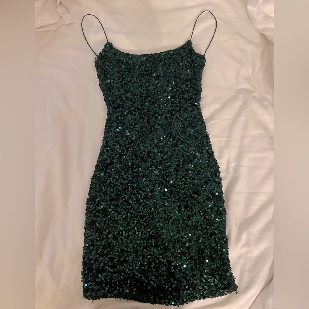 B Darlin Dark Green Sparkly Mini Dress